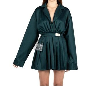 MY MUM MADE IT Green Collared Pleated Shirt Mini Dress Long Sleeve Belted Size M
